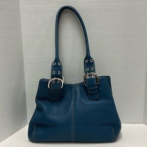Tignanello Teal Leather Shoulder Bag with Buckle Accents